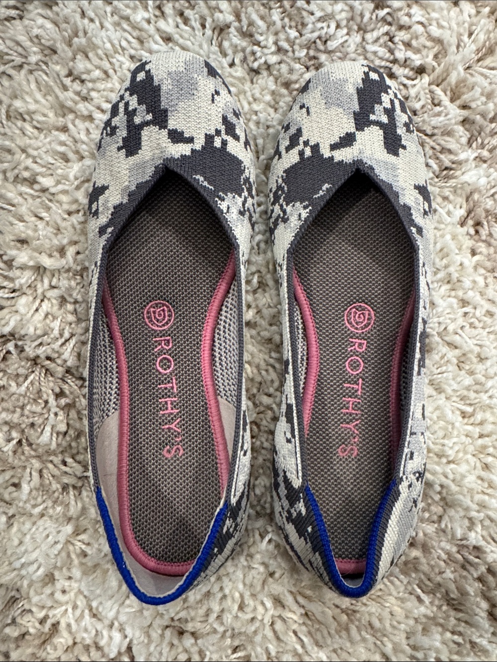 Rothy's Pointed Knit Flats in Gray Camo with Pink and Blue Accents